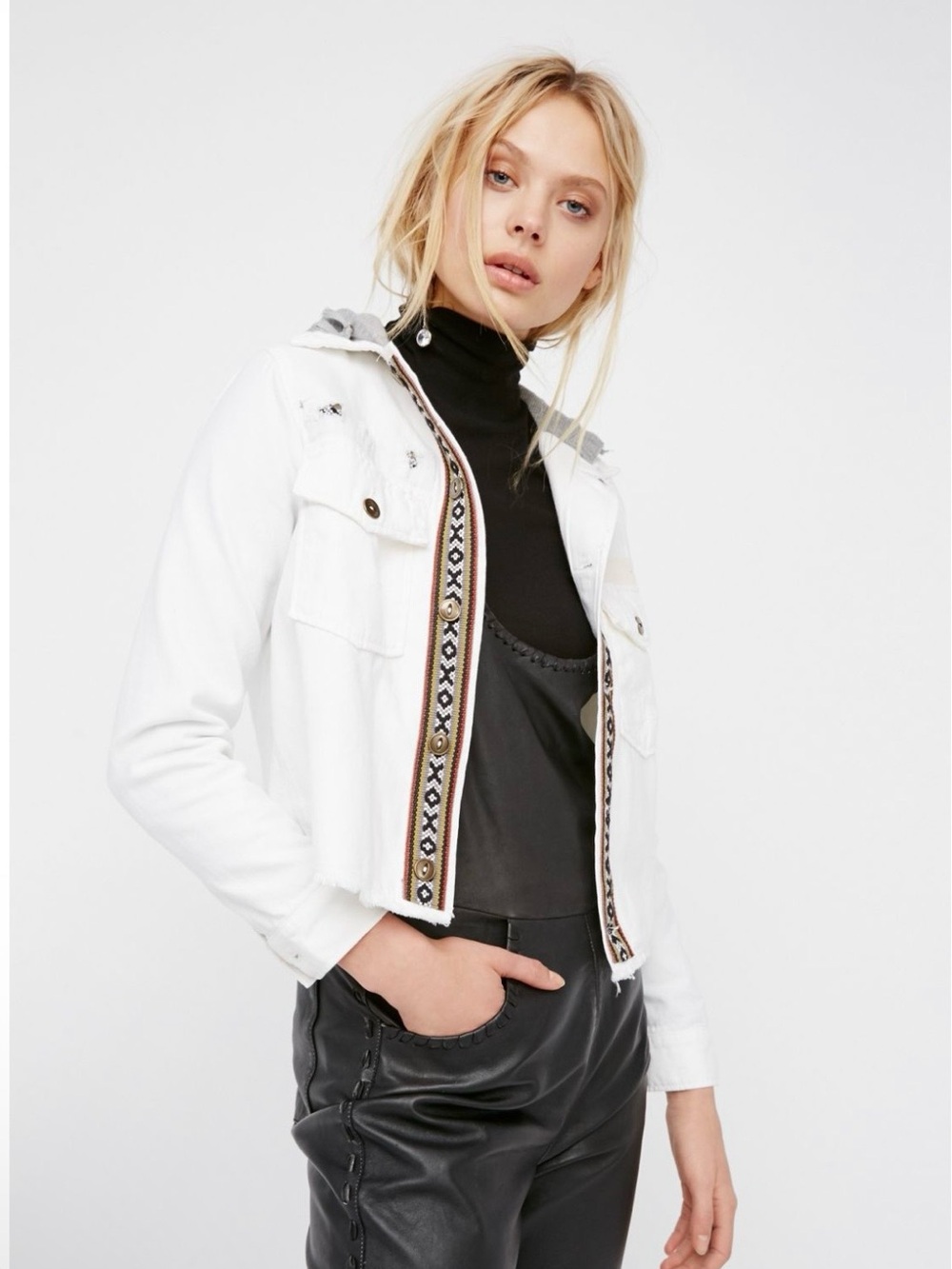 We The Free Weekend Wanderer Jacket Hooded Jean Jacket with Embroidered Trim